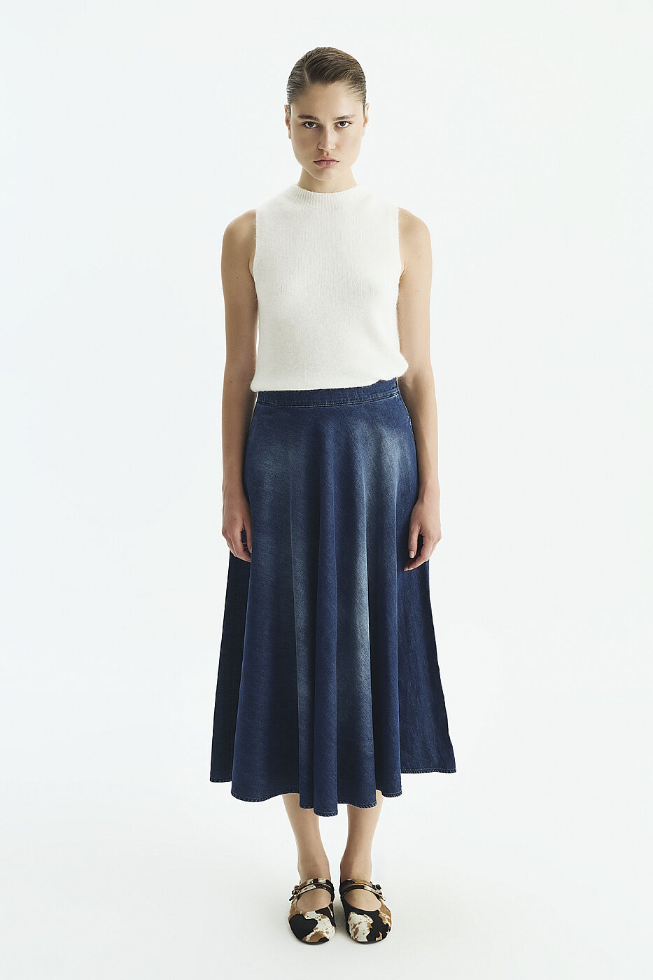 Denim Midi Etek Lacivert - 1