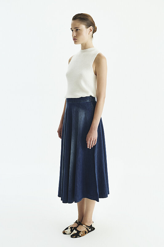 Denim Midi Etek Lacivert - 3