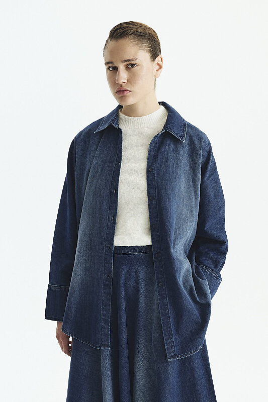 Denim Midi Etek Lacivert - 4