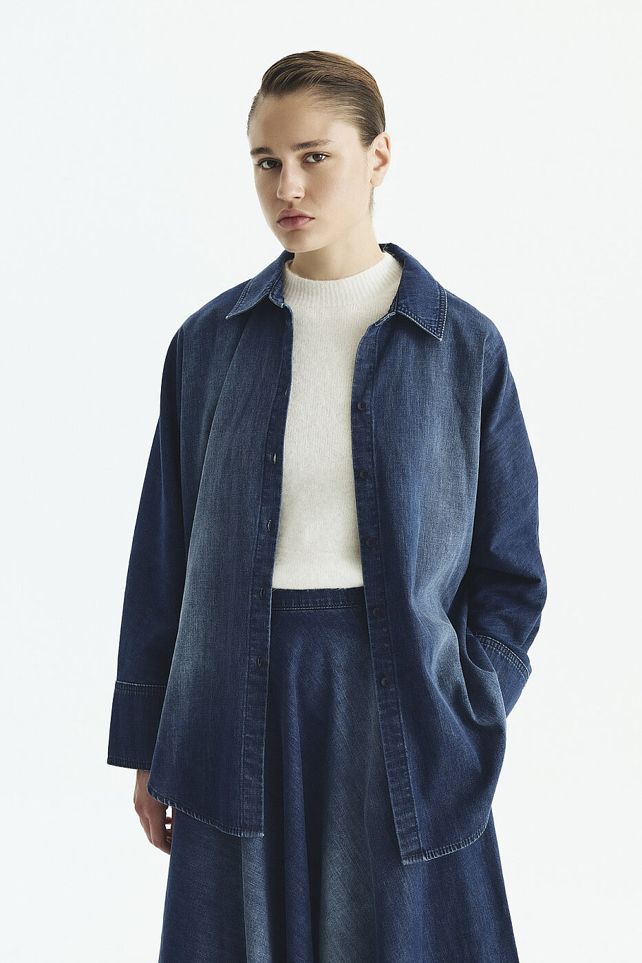 Denim Midi Etek Lacivert - 4