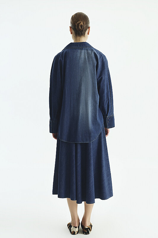 Denim Midi Etek Lacivert - 6