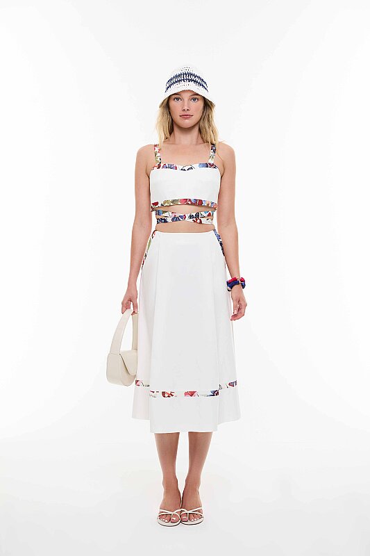 Desen Detaylı Pileli Midi Etek Beyaz - Roman