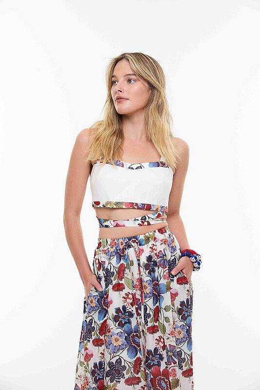 Desenli Belden Bağlamalı Büstiyer Beyaz - Roman