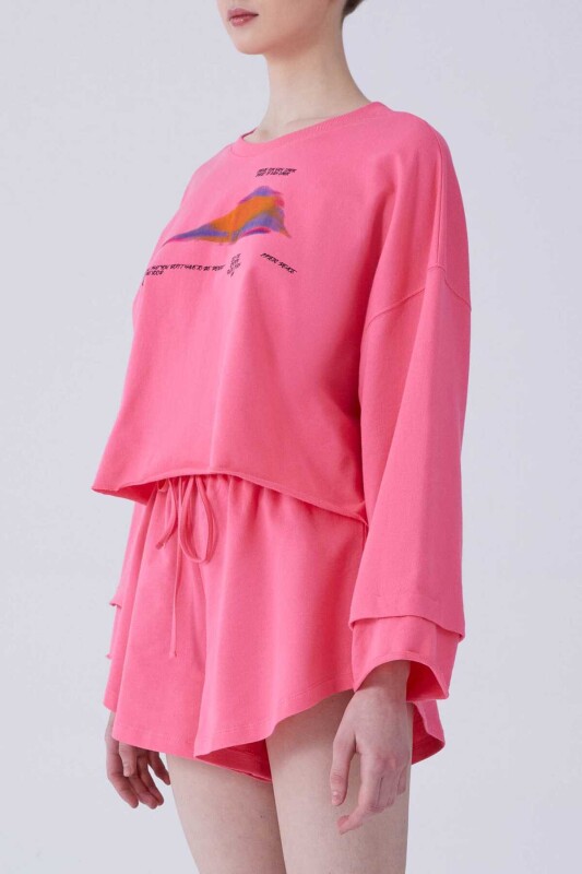 Desenli Crop Sweatshirt Pembe - 3