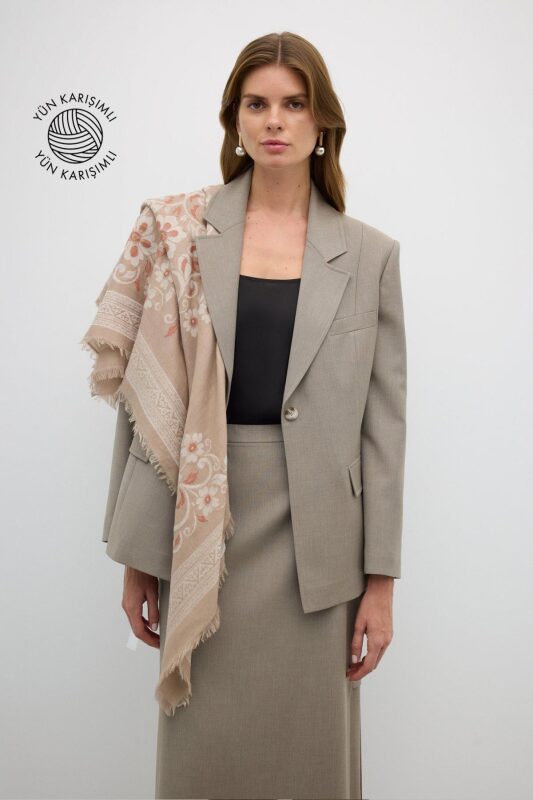 Yün Karışımlı Desenli Şal Standart Renk - Roman