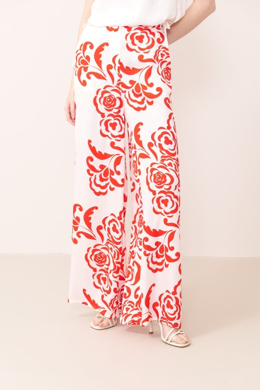 Desenli Saten Pantolon Kırmızı-Beyaz - 4