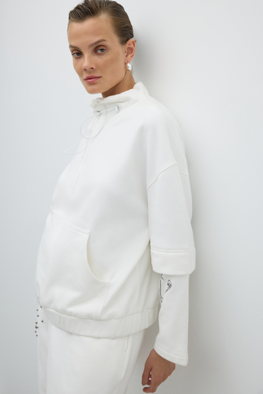 Dik Yaka Fermuarlı Trok Detaylı Sweatshirt Beyaz - 3