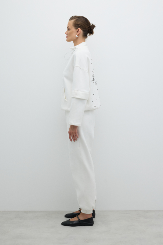 Dik Yaka Fermuarlı Trok Detaylı Sweatshirt Beyaz - 5