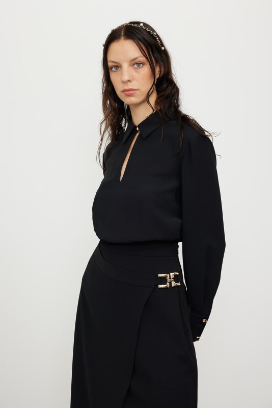 Asymmetrical Crepe Dress with Gold Accessories Black - 3