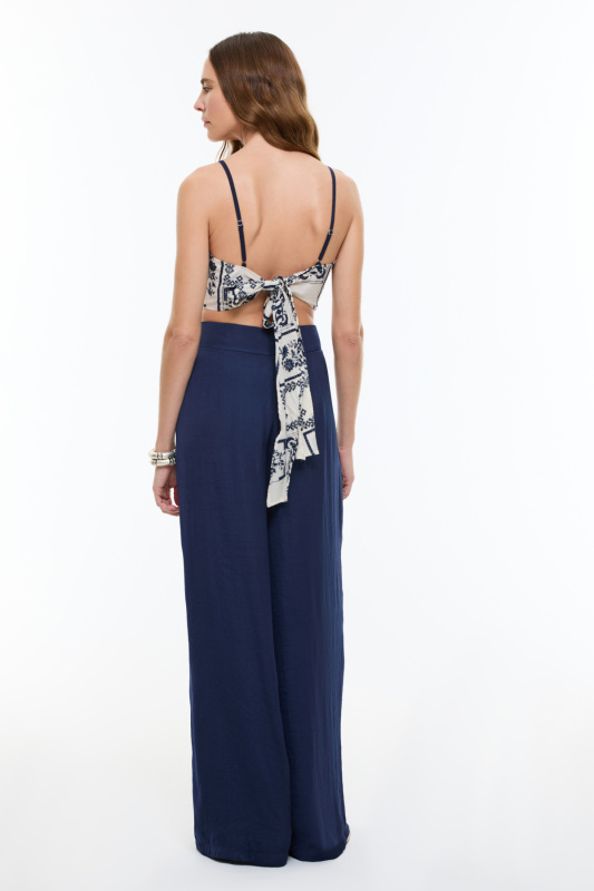 Drape Detaylı Geniş Paça Pantolon Lacivert - 2