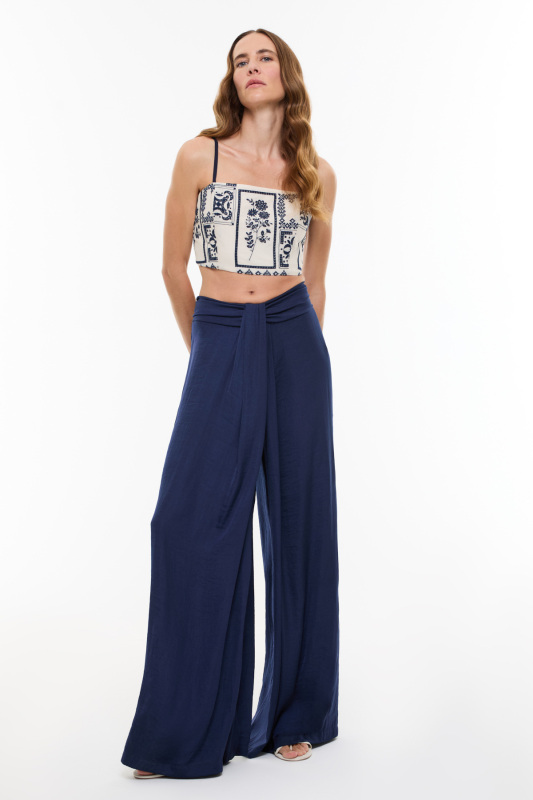 Drape Detaylı Geniş Paça Pantolon Lacivert - 3