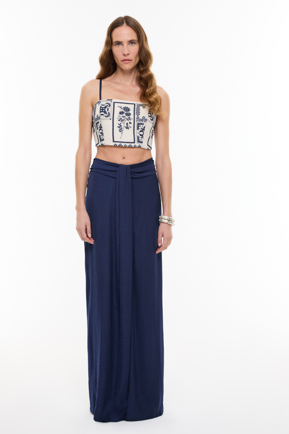 Drape Detaylı Geniş Paça Pantolon Lacivert - 1