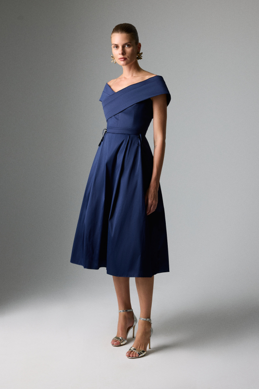 Drape Detaylı Kayık Yaka Midi Boy Tafta Elbise Lacivert - 3