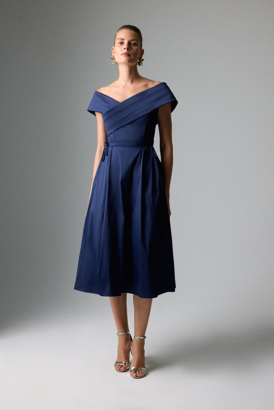 Drape Detaylı Kayık Yaka Midi Boy Tafta Elbise Lacivert - 1