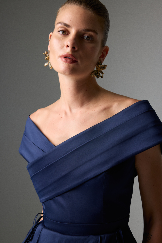 Drape Detaylı Kayık Yaka Midi Boy Tafta Elbise Lacivert - 5