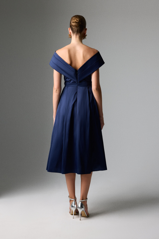 Drape Detaylı Kayık Yaka Midi Boy Tafta Elbise Lacivert - 2