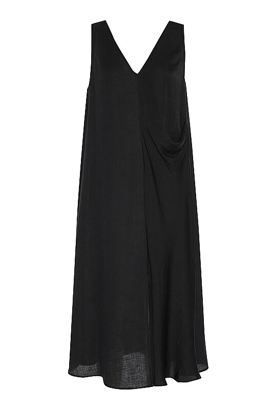 Drape Detaylı Keten Elbise Siyah - 3