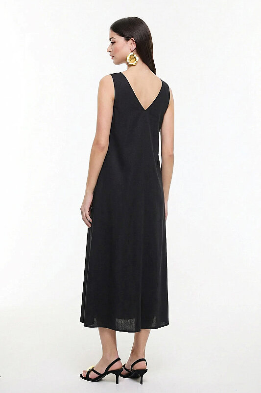 Drape Detaylı Keten Elbise Siyah - Roman (1)