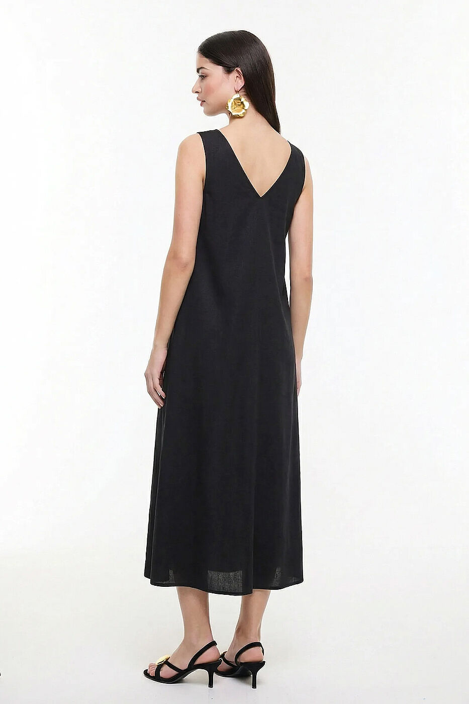 Drape Detaylı Keten Elbise Siyah - 2