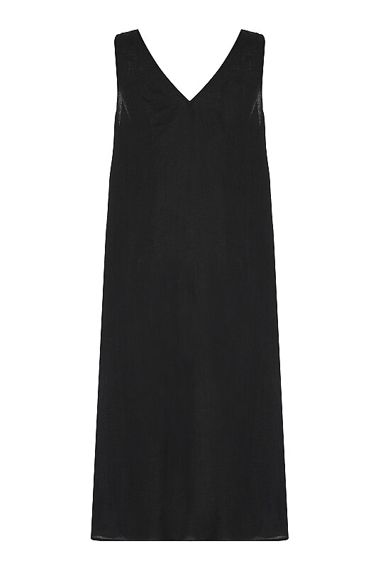 Drape Detaylı Keten Elbise Siyah - 4