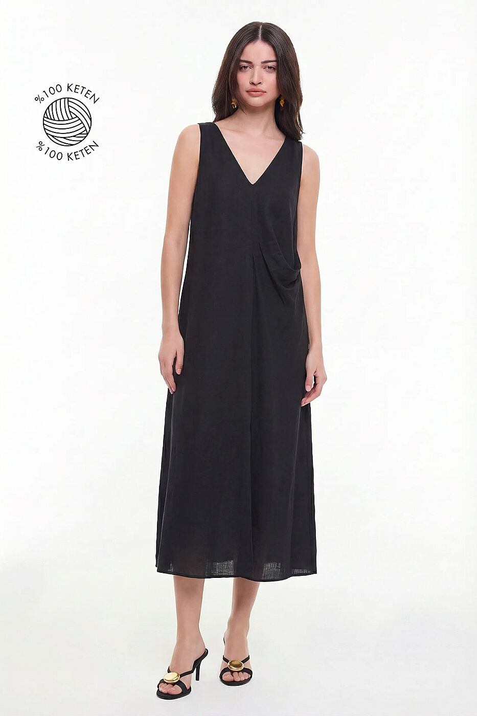 Drape Detaylı Keten Elbise Siyah - 1