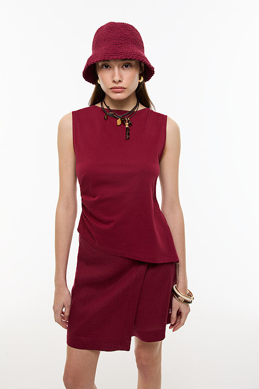 Drape Detaylı Kolsuz T-shirt Bordo - Roman