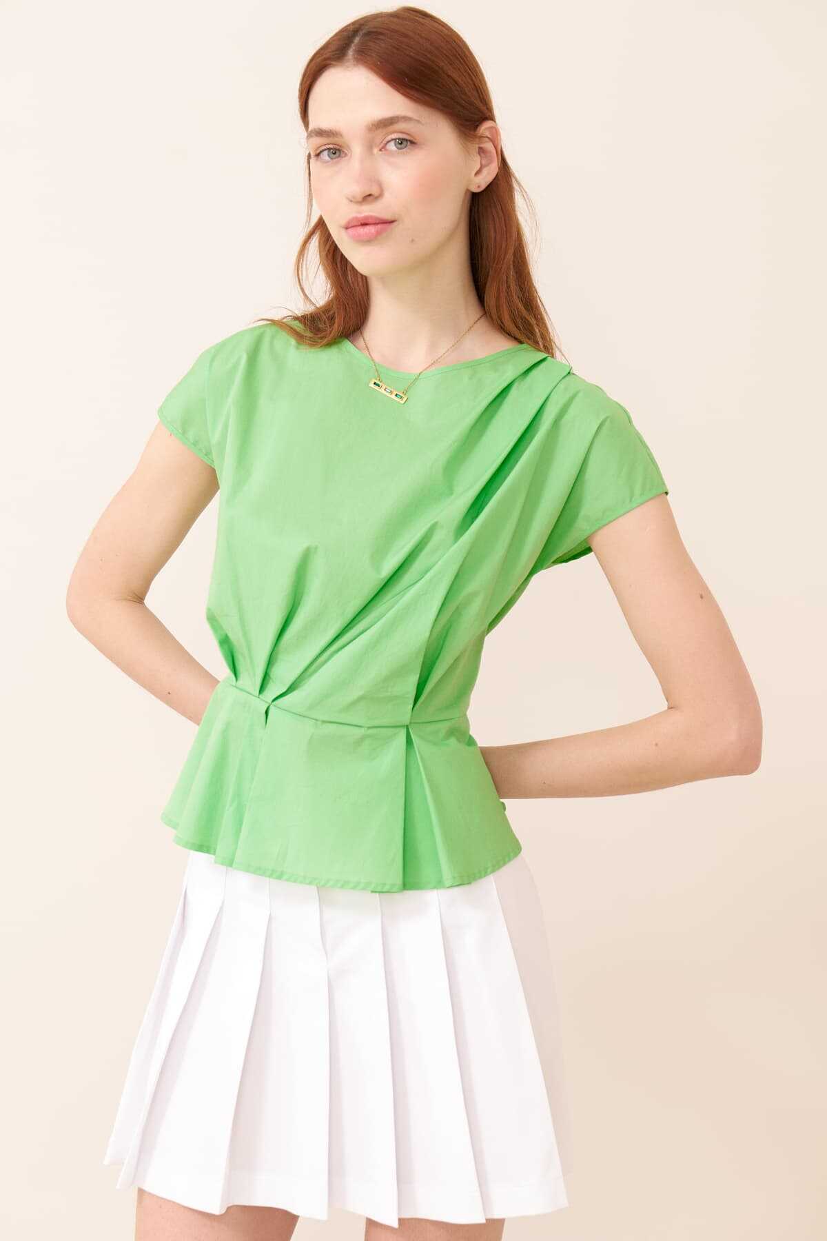 Drape Detaylı Peplum Poplin Bluz Yeşil