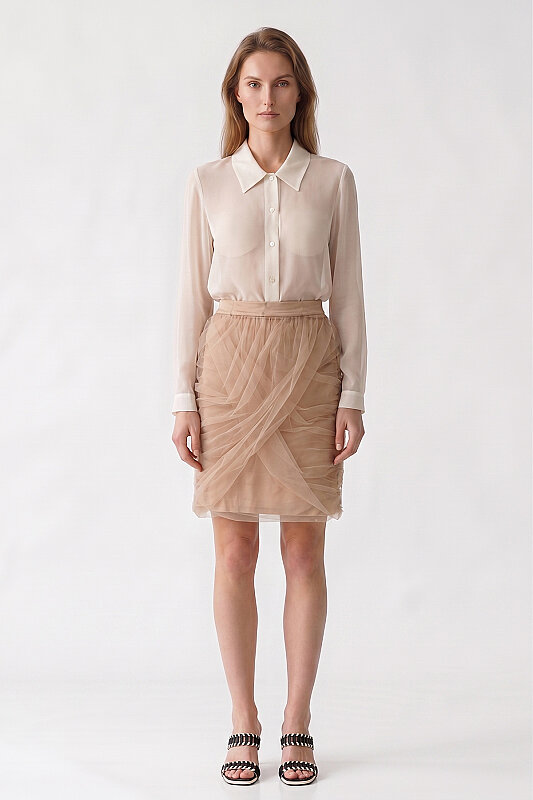 Drape Tüllü Mini Etek Pudra - 1