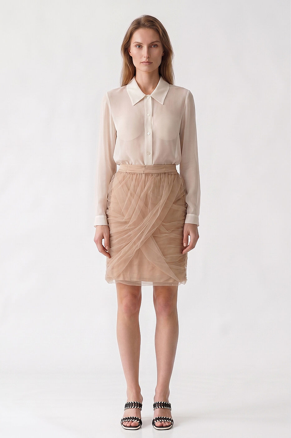 Drape Tüllü Mini Etek Pudra - 1