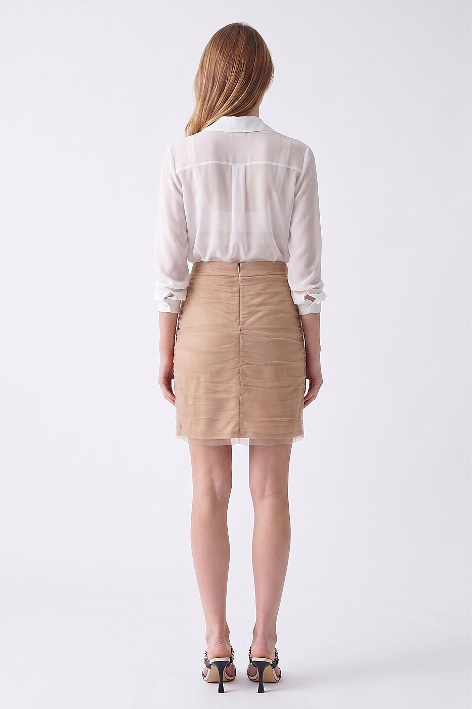 Drape Tüllü Mini Etek Pudra - 2