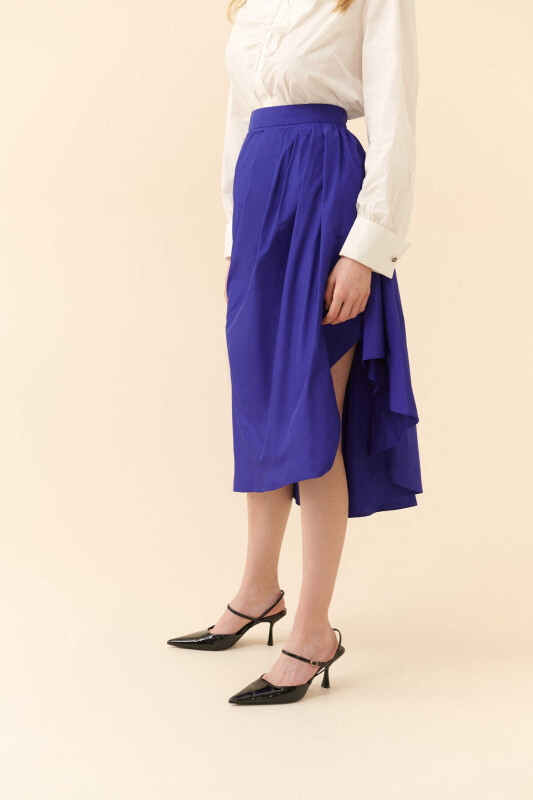  Drapeli Tafta Midi Etek Saks - 3