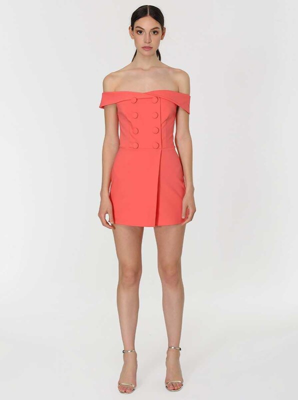 Düğme Detaylı Coral Straplez Tulum Coral - 1
