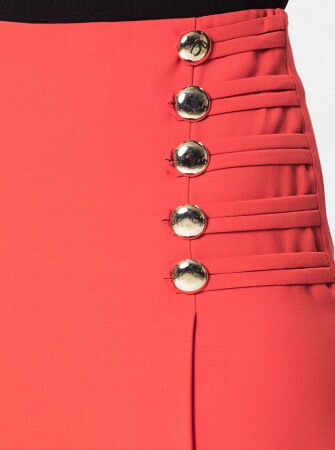 %100 Yün Düğme Detaylı Etek Kırmızı - 3