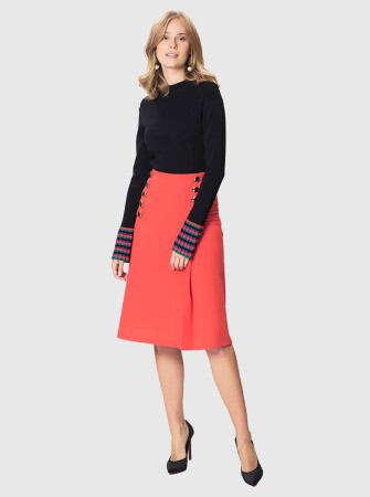 %100 Yün Düğme Detaylı Etek Kırmızı - 4