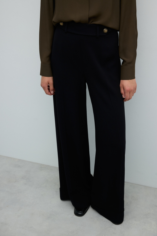 Düğme Detaylı Geniş Double Paça Pantolon Siyah - 4