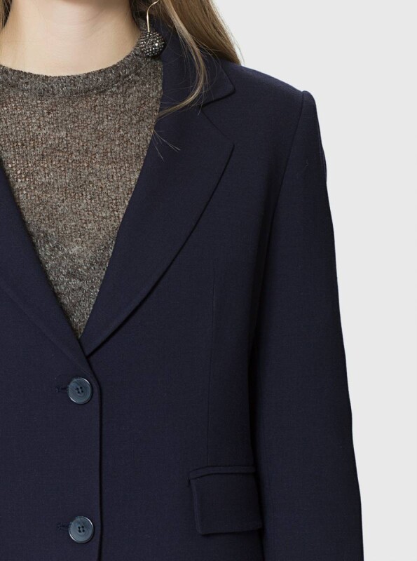 Düğme Detaylı Yırtmaçlı Yün Ceket Lacivert - 3