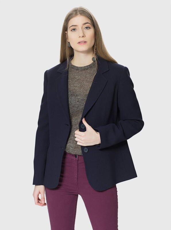 Düğme Detaylı Yırtmaçlı Yün Ceket Lacivert - 1