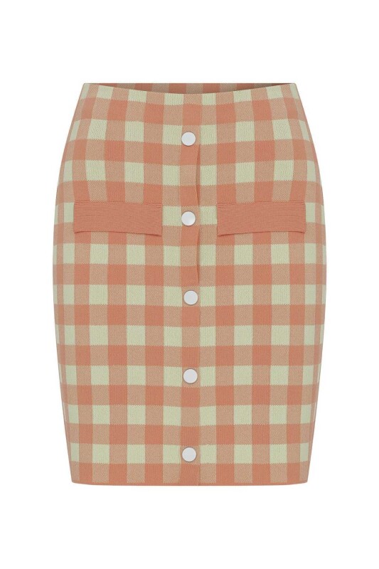 Düğmeli Desenli Mini Triko Etek Standart Renk - 4