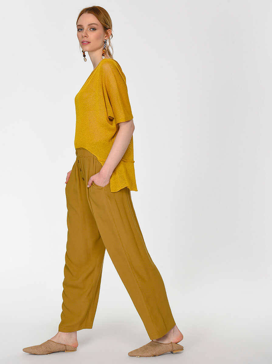 Düğmeli Geniş Pantolon Olive - 3