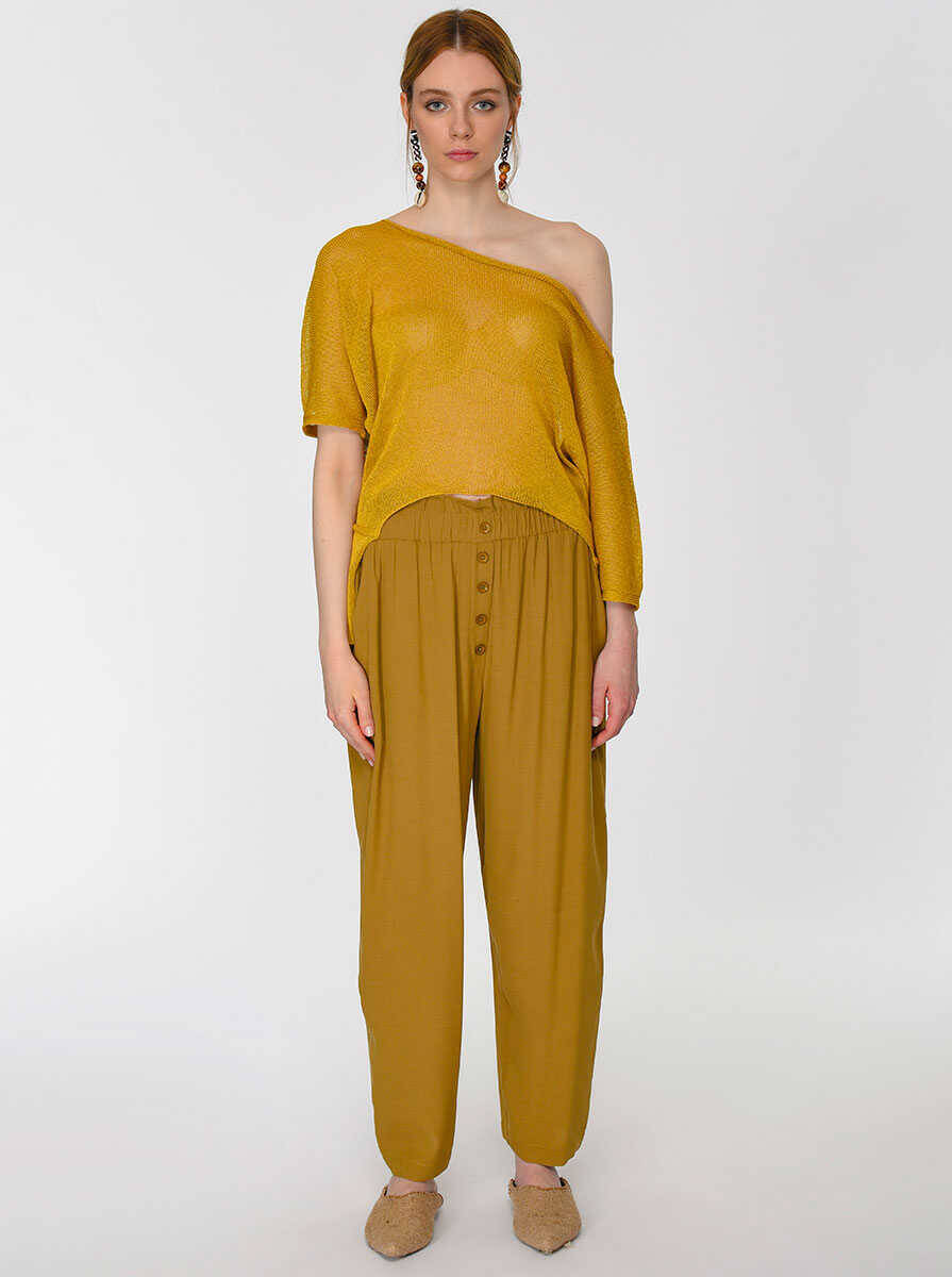 Düğmeli Geniş Pantolon Olive - 1