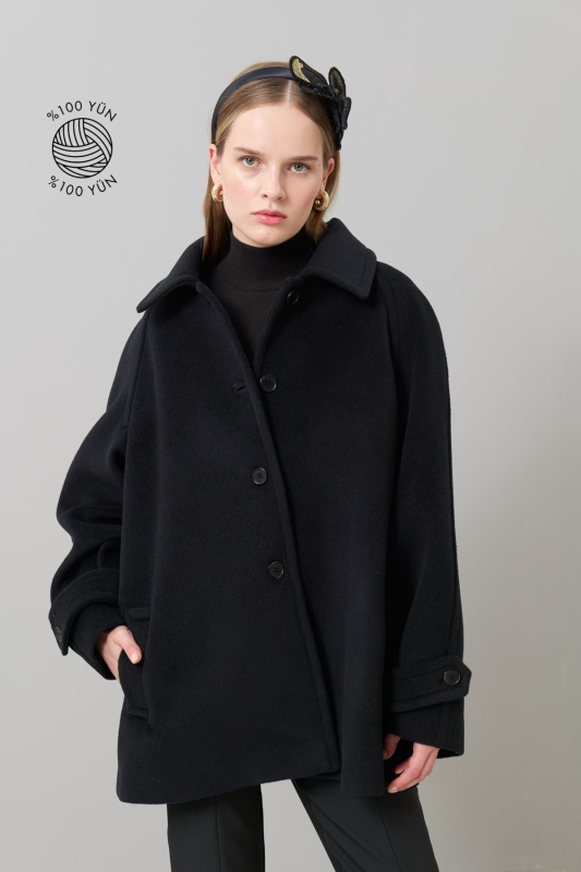 Düğmeli %100 Yün Kaban Siyah - 1