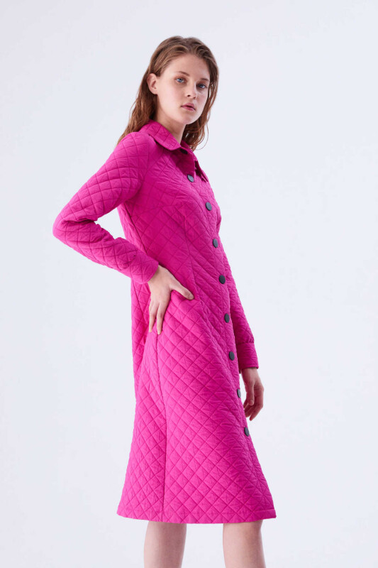  Düğmeli Kapitone Günlük Elbise Fuşya - 3