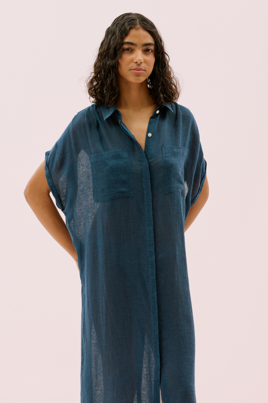 Düğmeli Midi Boy Gömlek Elbise Lacivert - 3