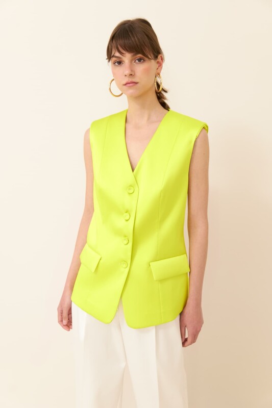 Düğmeli Saten Yelek Sarı - 3