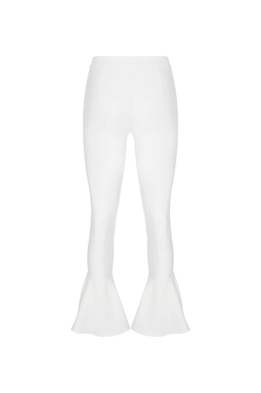  Düşük Bel Volanlı Paça Detaylı Likralı Krep Kadın Pantolon Ekru - 5