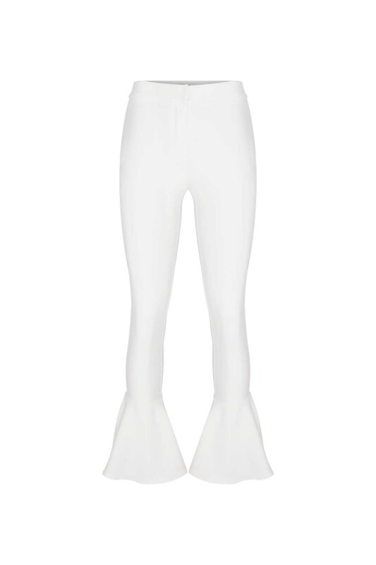  Düşük Bel Volanlı Paça Detaylı Likralı Krep Kadın Pantolon Ekru - 4