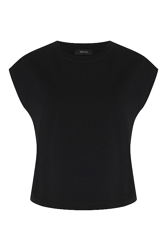 Düşük Omuz Bisiklet Yaka T-shirt Siyah - 4