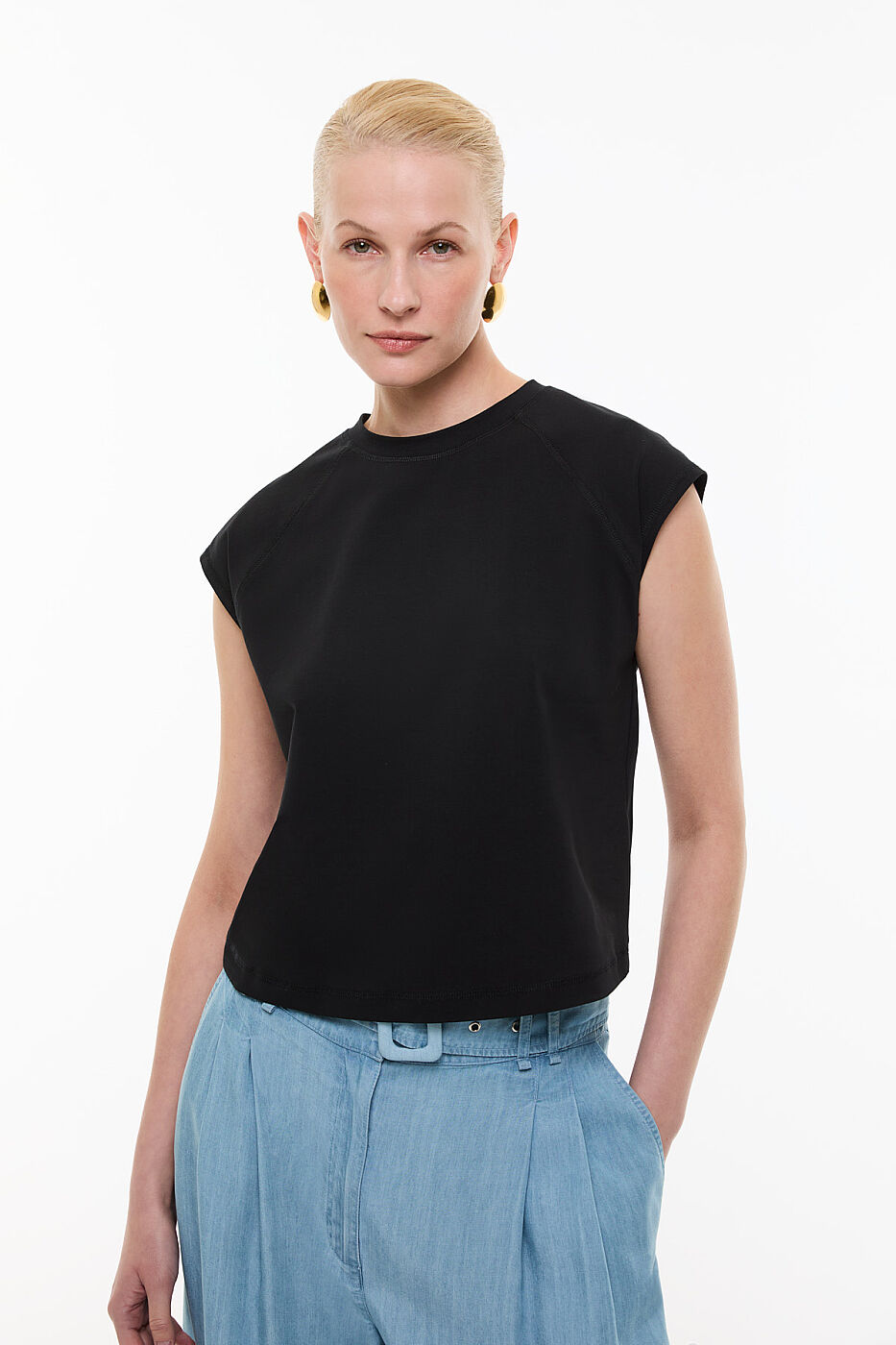 Düşük Omuz Bisiklet Yaka T-shirt Siyah - 1