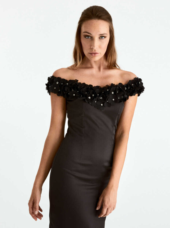  Düşük Omuz Boncuk Detaylı Abiye Elbise Siyah - 3