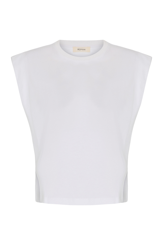 Düşük Omuz Ribana Yakalı Örme T-shirt Beyaz - 4